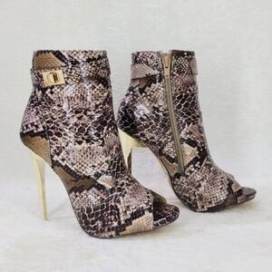 * Mona Mia Snakeskin Print Open Toe 4 3/4" Gold Trim Stiletto Heel Ankle Boots